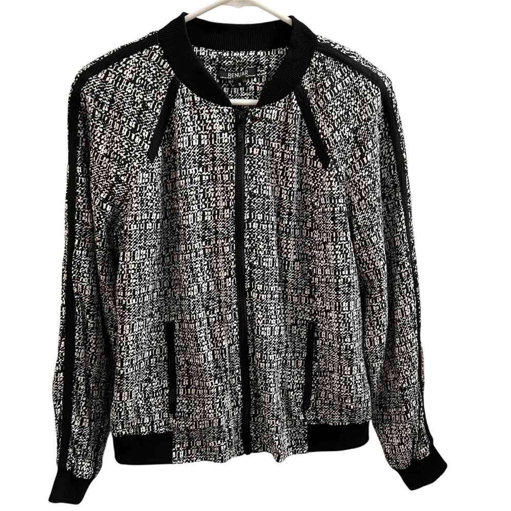 RENUAR JACKET, Women’s Sz 8, Black & White Bomber w/ Striped Sleeves & Pockets.